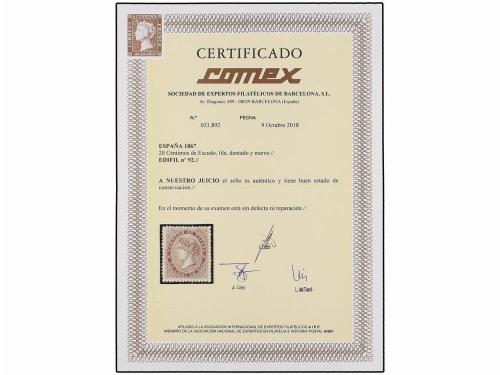 * ESPAÑA. Ed. 92. 20 cts. lila. Excepcional centraje. PIEZA