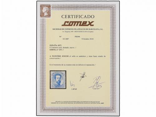 (*) ESPAÑA. Ed. 119. 6 cts. azul. PIEZA DE LUJO. Cert. COMEX