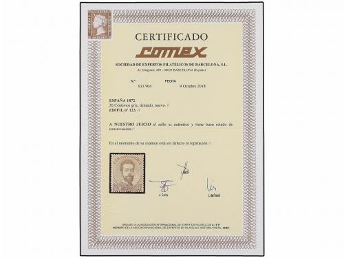 * ESPAÑA. Ed. 123. 20 cts. gris. PIEZA DE LUJO. Cert. COMEX.