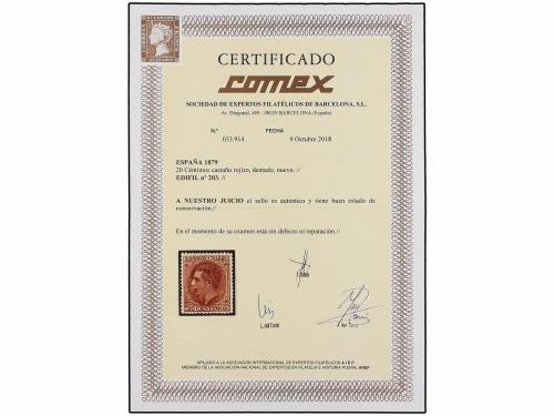 * ESPAÑA. Ed. 203. 20 cts. castaño rojo. PIEZA DE LUJO. Cert