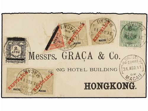 ✉ MACAO. 1911. MACAO a HONG KONG. Precioso franqueo combinad