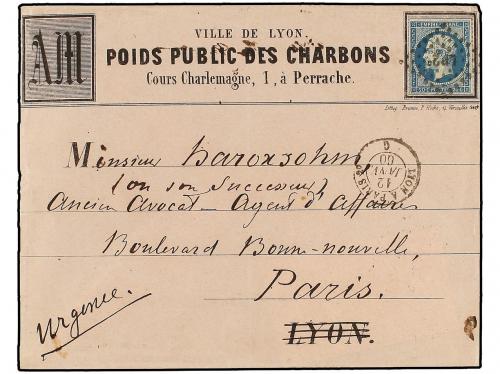 ✉ FRANCIA. Yv. 14. 1860. LYON a PARÍS. 20 cts. azul con pub
