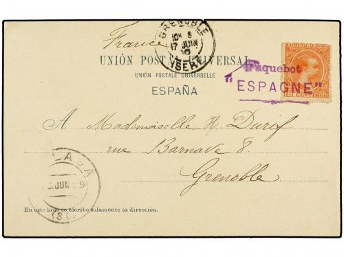 ✉ ESPAÑA. Ed. 218. 1899. MÁLAGA a FRANCIA. Tarjeta postal es