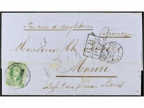 ✉ MEXICO. Sc. 3. 1857. MÉXICO a FRANCIA. 2 reales verde para
