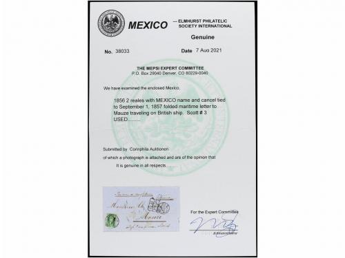 ✉ MEXICO. Sc. 3. 1857. MÉXICO a FRANCIA. 2 reales verde para
