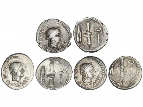 REPÚBLICA ROMANA. Lote 3 monedas Denario. 83 a.C. NORBANA. C