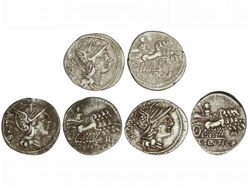 REPÚBLICA ROMANA. Lote 3 monedas Denario. 101 a.C. SENTIA. L