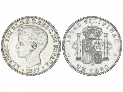 ALFONSO XIII. 1 Peso. 1897. MANILA. S.G.-V. (Limpiada, golpe