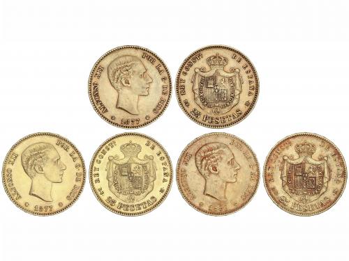ALFONSO XII. Lote 3 monedas 25 Pesetas. 1877 (2) y 1880. Tod