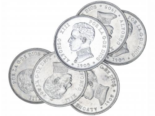 ALFONSO XIII. Lote 6 monedas 2 Pesetas. 1905 (*19-05). S.M.-