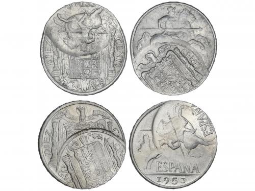 ESTADO ESPAÑOL. Lote 2 monedas 10 Céntimos. 1953. ERROR: dob