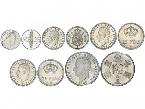 JUAN CARLOS I. Lote 5 monedas 50 Céntimos, 5, 25 (2) y 100 P