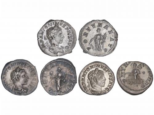 IMPERIO ROMANO. Lote 3 monedas Denario. Acuñadas el 218-222 