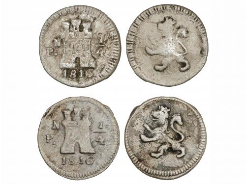 FERNANDO VII. Lote 2 monedas 1/4 Real. 1816. POPAYÁN. 0,69 y