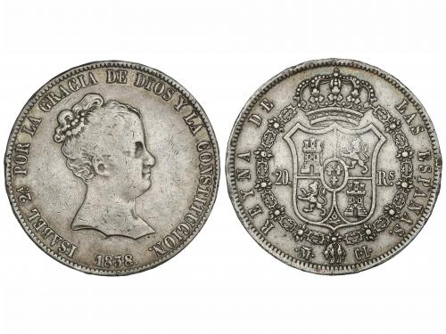 ISABEL II. 20 Reales. 1838. MADRID. C.L. 27 grs. (Pequeños g