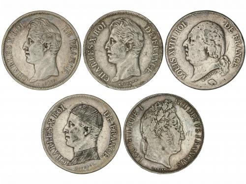 FRANCIA. Lote 5 monedas 5 Francs. 1824 a 1846. LOUIS XVIII, 