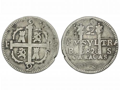 FERNANDO VII. 2 Reales. 1820. CARACAS. B.S. 5,03 grs. ESCASA