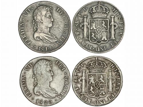 FERNANDO VII. Lote 2 monedas 8 Reales. 1814, 1820. POTOSÍ. P