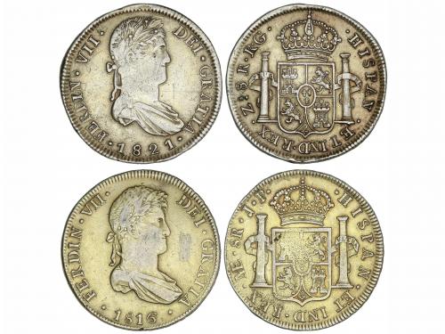 FERNANDO VII. Lote 2 monedas 8 Reales. 1816, 1821. LIMA-J.P.