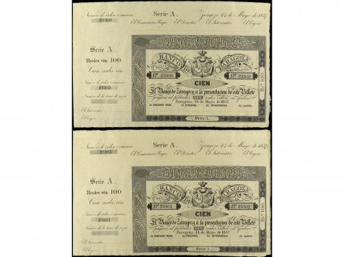 ANTIGUOS. Lote 2 billetes 100 Reales de Vellón. 14 Mayo 1857