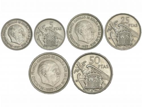 ESTADO ESPAÑOL. Serie 3 monedas 5, 25 y 50 Pesetas. 1957 (*B