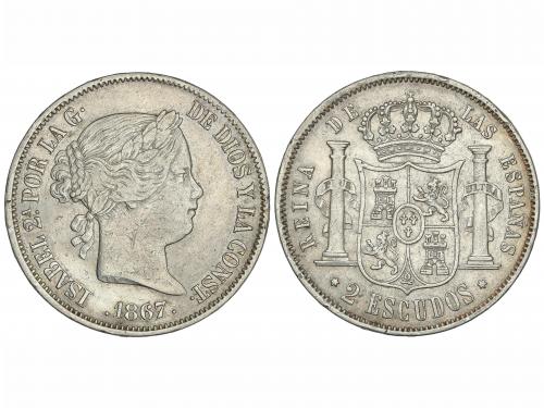 ISABEL II. 2 Escudos. 1867. MADRID. 25,72 grs. (Rayitas y go