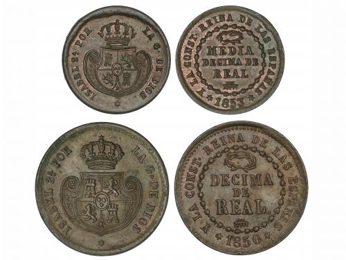ISABEL II. Lote 2 monedas 1/2 y Décima de Real. 1850 y 1853.