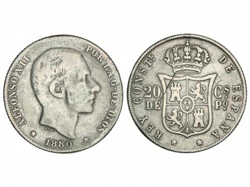 ALFONSO XII. 20 Centavos de Peso. 1880. MANILA. (Raya en rev