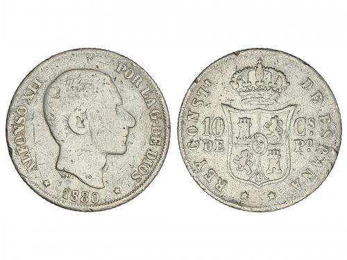 ALFONSO XII. 10 Centavos de Peso. 1880. MANILA. MUY RARA. BC