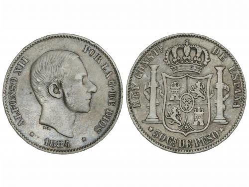 ALFONSO XII. 50 Centavos de Peso. 1884. MANILA. Pátina. ESCA