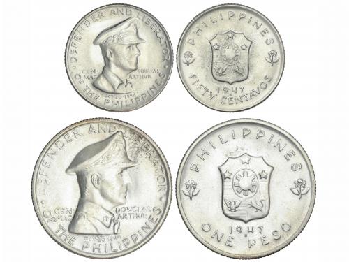 FILIPINAS. Lote 2 monedas 50 Centavos, 1 Peso. 1947-S. SAN F