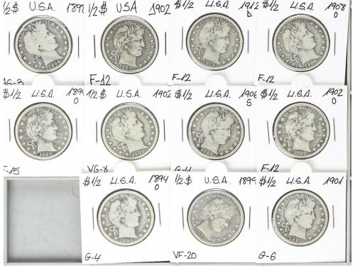 ESTADOS UNIDOS. Lote 11 monedas 1/2 Dollar. 1894 a 1912. AR.