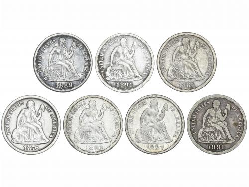 ESTADOS UNIDOS. Lote 7 monedas 1 Dime. 1876 a 1891. AR. 1876