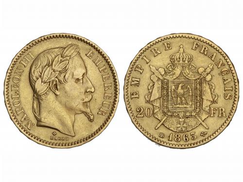 FRANCIA. 20 Francs. 1865-BB. NAPOLEON III. STRASBOURG. 6,38 