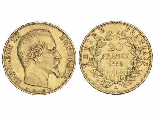FRANCIA. 20 Francs. 1855-A. NAPOLEON III. PARÍS. 6,4 grs. AU