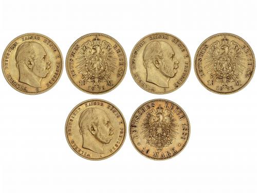 ESTADOS ALEMANES. Lote 3 monedas 10 Mark. 1872-C, 1873-B y 1