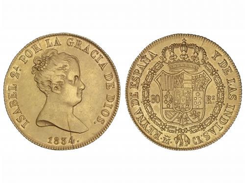 ISABEL II. 80 Reales. 1834. MADRID. C.R. 6,75 grs. AU. (Grie