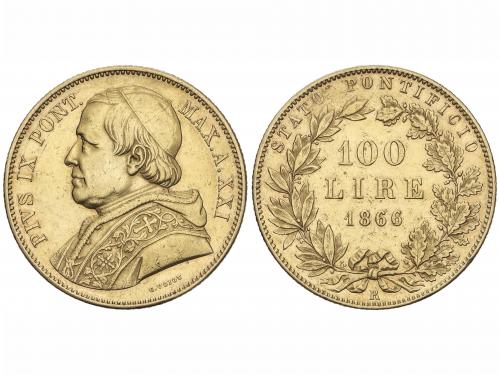 VATICANO. 100 Lire. 1866-R. PIO IX. ROMA. 32,19 grs. AU. Año