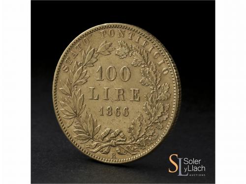 VATICANO. 100 Lire. 1866-R. PIO IX. ROMA. 32,19 grs. AU. Año