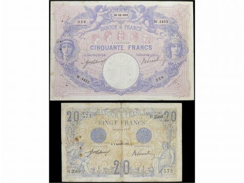 BILLETES EXTRANJEROS. Lote 2 billetes 20 y 50 Francs. 1912. 