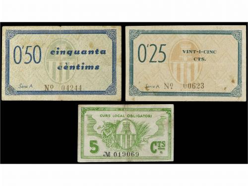 CATALUNYA. Lote 3 billetes 5, 25 y 50 Cèntims. 1937. Aj. de 