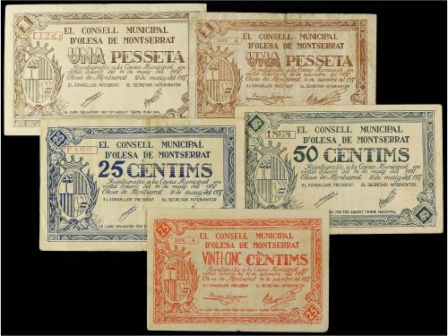 CATALUNYA. Lote 5 billetes 25 (2), 50 Cèntims y 1 Pesseta (2