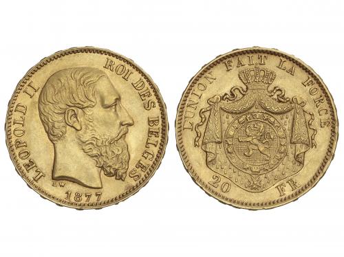BÉLGICA. 20 Francs. 1877. LEOPOLD II. 6,41 grs. AU. Fr-412; 