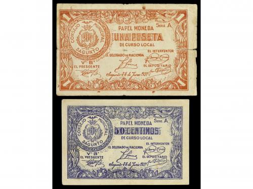 VALENCIA. Lote 2 billetes 50 Céntimos y 1 Peseta. Junio 1937