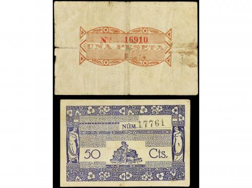 VALENCIA. Lote 2 billetes 50 Céntimos y 1 Peseta. Junio 1937