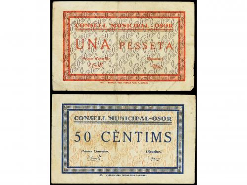 CATALUNYA. Lote 2 billetes 50 Cèntims y 1 Pesseta. C.M. d´ O