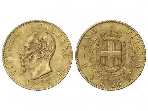 ITALIA. 20 Lire. 1865-T. VITTORIO EMANUELE II. TURÍN. B.N. 6
