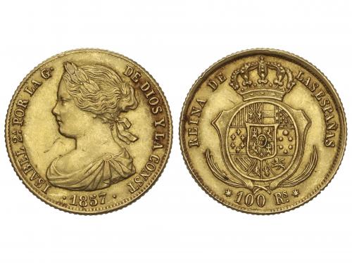 ISABEL II. 100 Reales. 1857. SEVILLA. 8,37 grs. (Golpecitos)