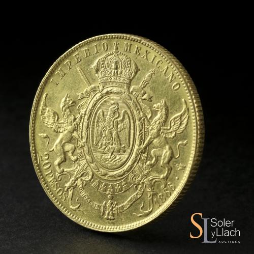 MÉXICO. 20 Pesos. 1866. 33,67 grs. AU. Maximiliano Emperador