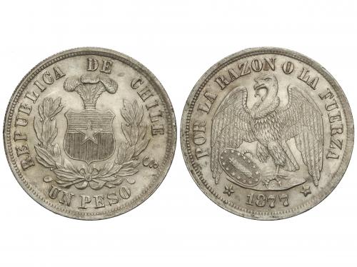 CHILE. 1 Peso. 1877. SANTIAGO. 24,44 grs. AR. KM-142.1. EBC-